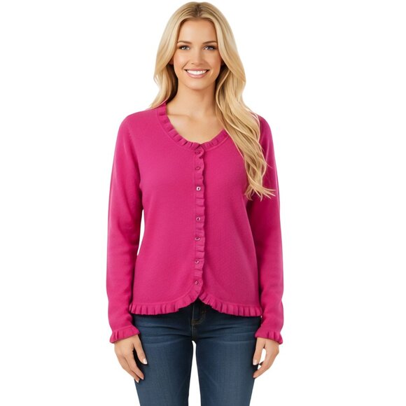 Pure Collection Raspberry Pink Ruffled 100% Cashmere Cardigan Sweater Size M - Picture 1 of 7